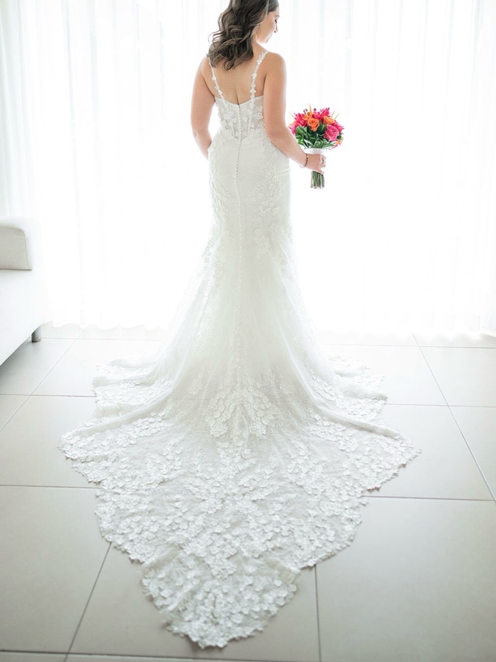 Wedding Dress White Lace Bridal Gown with Plunging Neckline Mermaid Style 3D Flo